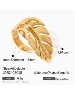 Feather Design Golden Fashion Costume Stainless Steel Adjustable Ring - Golden