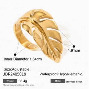 Feather Design Golden Fashion Costume Stainless Steel Adjustable Ring - Golden