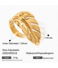 Feather Design Golden Fashion Costume Stainless Steel Adjustable Ring - Golden