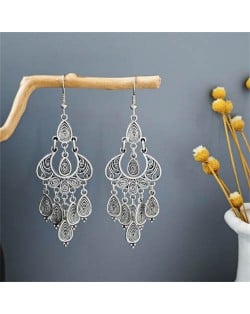 Vintage Fashion Unique Hollow Waterdrop Design Women Statement Shoulder Duster Earrings
