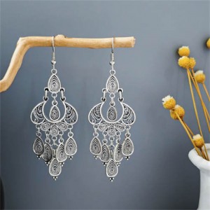 Vintage Fashion Unique Hollow Waterdrop Design Women Statement Shoulder Duster Earrings