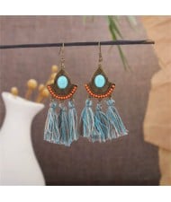 Bohemian Fashion Gem Inlaid Tassel Design Women Statement Shoulder Duster Earrings