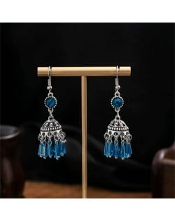 Vintage Hollow Dangling Crystal Tassel Women Shoulder Duster Wholesale Earrings - Blue