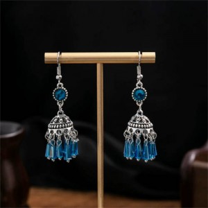 Vintage Hollow Dangling Crystal Tassel Women Shoulder Duster Wholesale Earrings - Blue