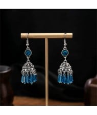 Vintage Hollow Dangling Crystal Tassel Women Shoulder Duster Wholesale Earrings - Blue