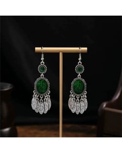 Vintage Mexican Fashion Totem Inscribed Tassel Women Shoulder Duster Wholesale Earrings - Green