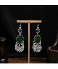 Vintage Mexican Fashion Totem Inscribed Tassel Women Shoulder Duster Wholesale Earrings - Green