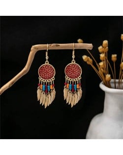 Vintage Hollow Floral Design Leaves Tassel Women Shoulder Duster Wholesale Earrings - Red