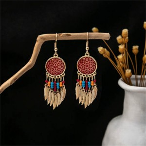Vintage Hollow Floral Design Leaves Tassel Women Shoulder Duster Wholesale Earrings - Red