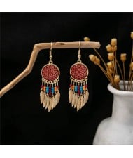 Vintage Hollow Floral Design Leaves Tassel Women Shoulder Duster Wholesale Earrings - Red