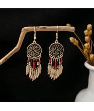 Vintage Hollow Floral Design Leaves Tassel Women Shoulder Duster Wholesale Earrings - Golden