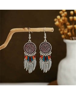 Vintage Hollow Floral Design Leaves Tassel Women Shoulder Duster Wholesale Earrings - Silver