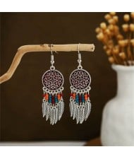 Vintage Hollow Floral Design Leaves Tassel Women Shoulder Duster Wholesale Earrings - Silver