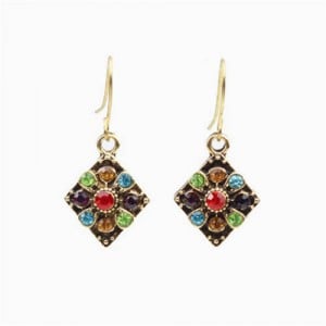 Vintage Colorful Gems Inlaid Rhombus Shape Tassel Women Shoulder Duster Wholesale Earrings