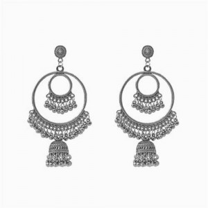Vintage Bells Design Hoop Tassel Women Shoulder Duster Wholesale Earrings - Silver