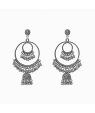 Vintage Bells Design Hoop Tassel Women Shoulder Duster Wholesale Earrings - Silver