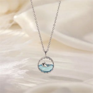 Round Cute Whale Pendant IG Style Women Stainless Steel Wholesale Collarbone Necklace - Silver