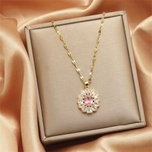 Shining Flower Cubic Zirconia Pendant IG Style Women Stainless Steel Wholesale Collarbone Necklace