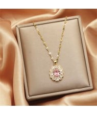 Shining Flower Cubic Zirconia Pendant IG Style Women Stainless Steel Wholesale Collarbone Necklace