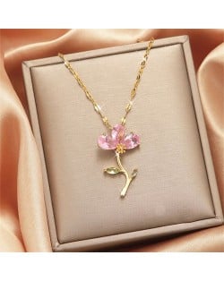 Shining Pinky Flower Pendant IG Style Love Fashion Women Stainless Steel Wholesale Collarbone Necklace