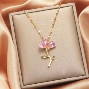 Shining Pinky Flower Pendant IG Style Love Fashion Women Stainless Steel Wholesale Collarbone Necklace