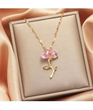 Shining Pinky Flower Pendant IG Style Love Fashion Women Stainless Steel Wholesale Collarbone Necklace