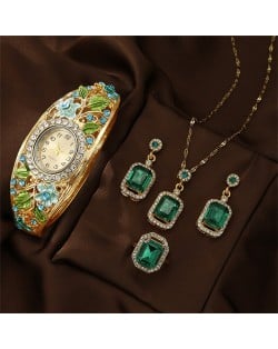 Vintage Imperial-Style Floral Gem-Edged Women's Bracelet Watch Antique-Style Artistic Square Wholesale Jewelry Set