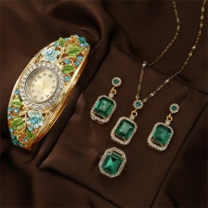 Vintage Imperial-Style Floral Gem-Edged Women's Bracelet Watch Antique-Style Artistic Square Wholesale Jewelry Set