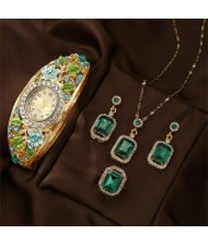 Vintage Imperial-Style Floral Gem-Edged Women's Bracelet Watch Antique-Style Artistic Square Wholesale Jewelry Set