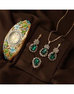 Vintage Imperial-Style Floral Gem-Edged Women's Bracelet Watch Waterdrop Antique-Style Wholesale Jewelry Set - Green