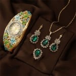 Vintage Imperial-Style Floral Gem-Edged Women's Bracelet Watch Waterdrop Antique-Style Wholesale Jewelry Set - Green