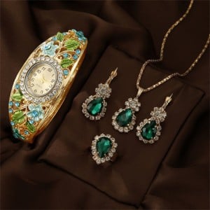 Vintage Imperial-Style Floral Gem-Edged Women's Bracelet Watch Waterdrop Antique-Style Wholesale Jewelry Set - Green