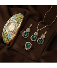 Vintage Imperial-Style Floral Gem-Edged Women's Bracelet Watch Waterdrop Antique-Style Wholesale Jewelry Set - Green