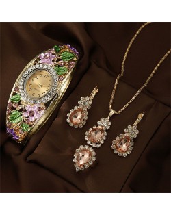 Vintage Imperial-Style Floral Gem-Edged Women's Bracelet Watch Waterdrop Antique-Style Wholesale Jewelry Set - Violet
