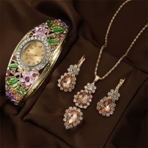 Vintage Imperial-Style Floral Gem-Edged Women's Bracelet Watch Waterdrop Antique-Style Wholesale Jewelry Set - Violet