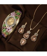 Vintage Imperial-Style Floral Gem-Edged Women's Bracelet Watch Waterdrop Antique-Style Wholesale Jewelry Set - Violet