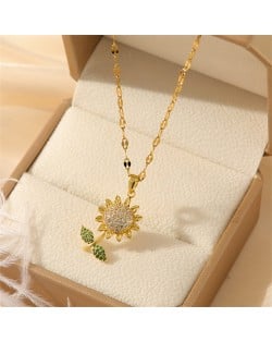 Glistening Zircon Sunflower Pendant Titanium Steel Wholesale Women Collarbone Necklace