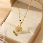 Glistening Zircon Sunflower Pendant Titanium Steel Wholesale Women Collarbone Necklace