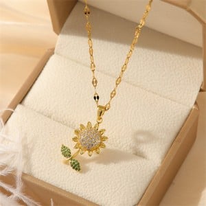 Glistening Zircon Sunflower Pendant Titanium Steel Wholesale Women Collarbone Necklace