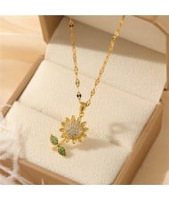 Glistening Zircon Sunflower Pendant Titanium Steel Wholesale Women Collarbone Necklace