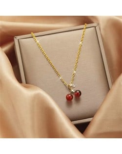 Elegant Zircon Cherry Pendant Titanium Steel Wholesale Women Collarbone Necklace