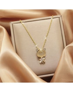 Dazzling Zircon Cute Cat Pendant Titanium Steel Wholesale Women Collarbone Necklace