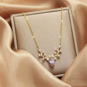 Stunning Zircon Deer Head Pendant Titanium Steel Wholesale Women Collarbone Necklace