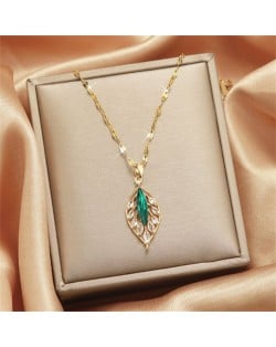 Shimmering Zircon Oval Leaf Pendant Titanium Steel Wholesale Women Collarbone Necklace