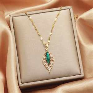 Shimmering Zircon Oval Leaf Pendant Titanium Steel Wholesale Women Collarbone Necklace