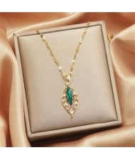 Shimmering Zircon Oval Leaf Pendant Titanium Steel Wholesale Women Collarbone Necklace