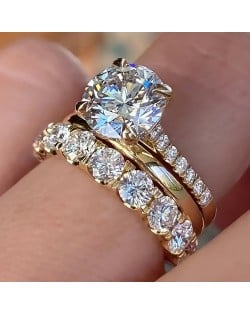 Elegant 4-Prong Zircon Solitaire 3-Piece Copper Wholesale Women Wedding Ring Set - Gold