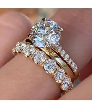 Elegant 4-Prong Zircon Solitaire 3-Piece Copper Wholesale Women Wedding Ring Set - Gold