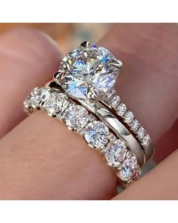 Elegant 4-Prong Zircon Solitaire 3-Piece Copper Wholesale Women Wedding Ring Set - Platinum