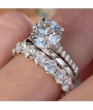 Elegant 4-Prong Zircon Solitaire 3-Piece Copper Wholesale Women Wedding Ring Set - Platinum